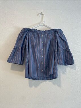 Abercrombie & Fitch Blue and Pink Striped Off-Shoulder Button Top